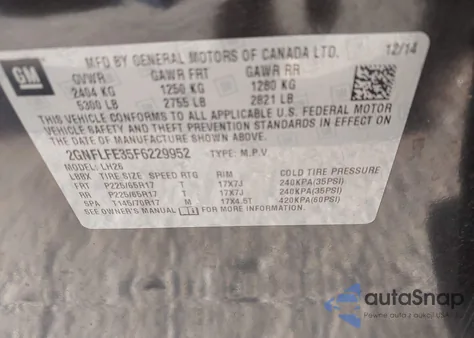 2015 Chevrolet Equinox 1Lt из США, поврежденный, VIN 2GNFLFE35F6229952